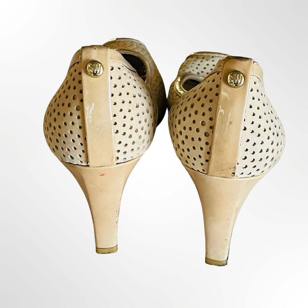 Stuart Weitzman Women's Beige Perforated Leather Peep-Toe Wedge Pumps