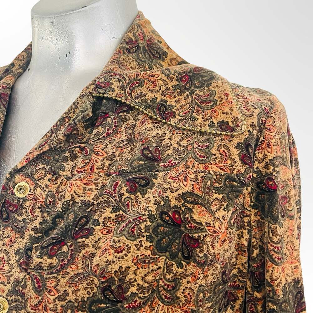 Vintage Floral Paisley Print Long Sleeve Button Down Shirt with Beaded Trim