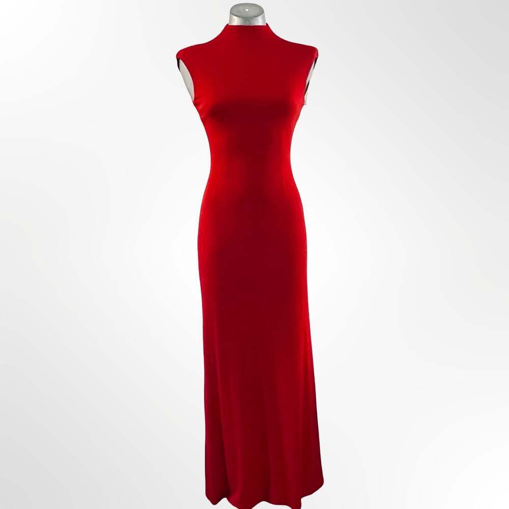 David Meister Red Mock Neck Sleeveless Sheath Gown