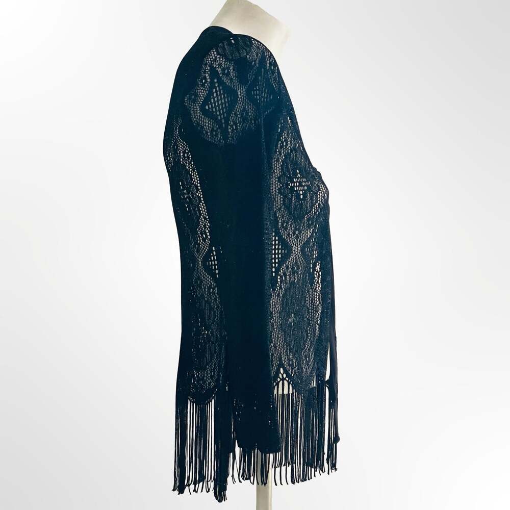 Black Lace Open Front Cardigan with Fringes and Tie Closure