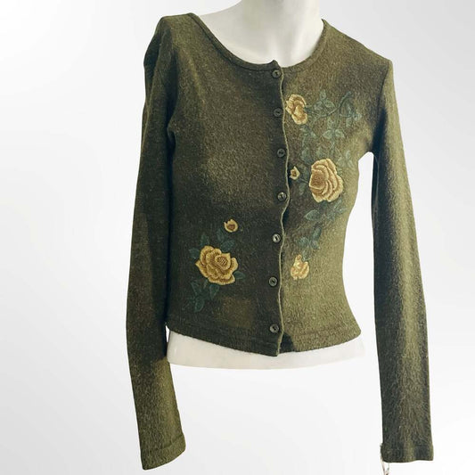 Cament Vintage Green Floral Embroidered Button Front Cardigan Sweater XS