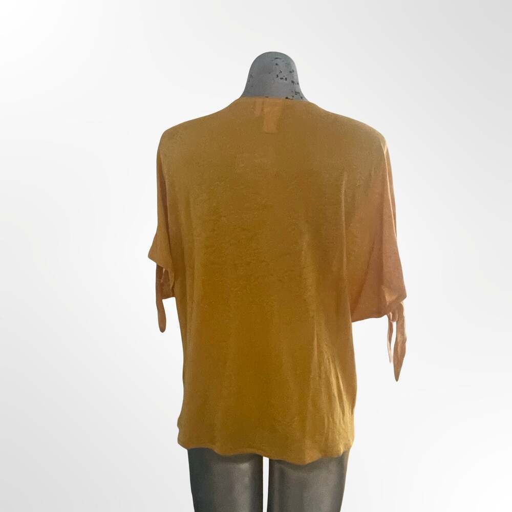 H&M Women's Mustard Yellow Linen V-Neck Top with Tie-Sleeve Detail
