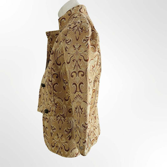 Heart Moon Star Women's Tan Brocade Tapestry Floral Print Cropped Jacket Size XS