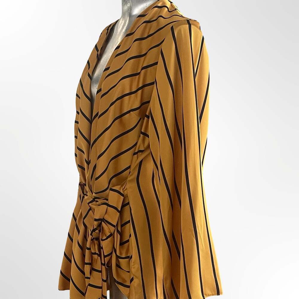 INC International Concepts Mustard Yellow and Black Striped Wrap Tie-Front Blous