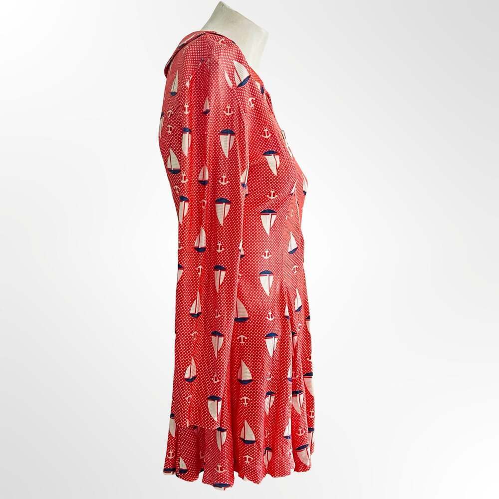Vintage 1960s-70s Halifax Crimson Red Sailboat Anchor Print Zip Front Dress