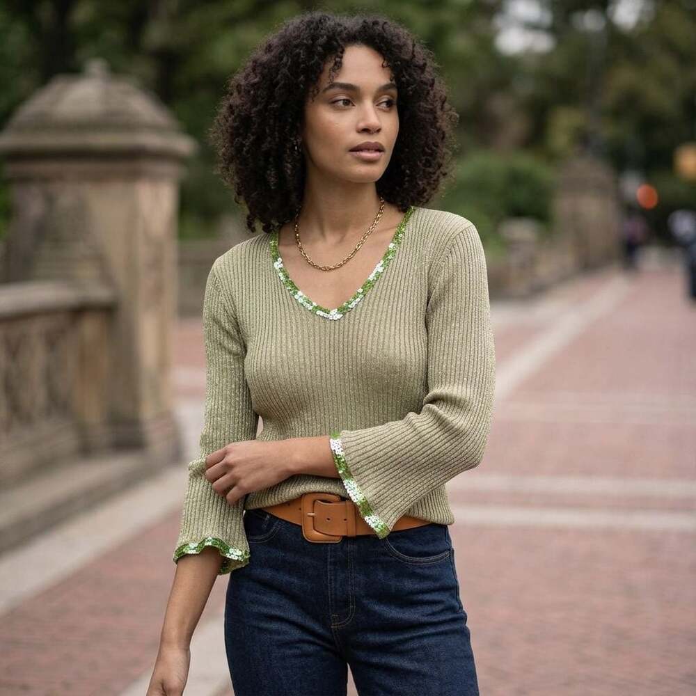 Fuse Silk Metallic Ribbed Knit Top with Green Sequin Trim Size M