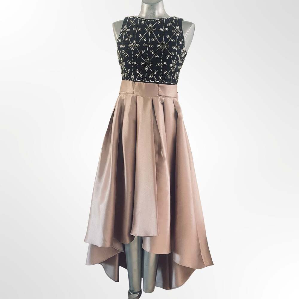 Xscape Sleeveless Beaded Bodice High-Low Satin Party Dress