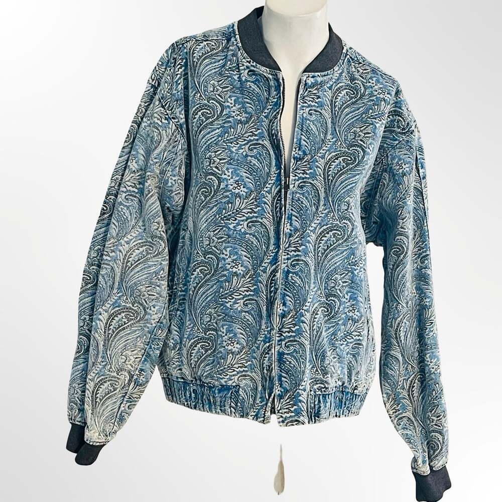 Vintage 1980s Blue Paisley Print Denim Bomber Jacket with Ribbed Trim