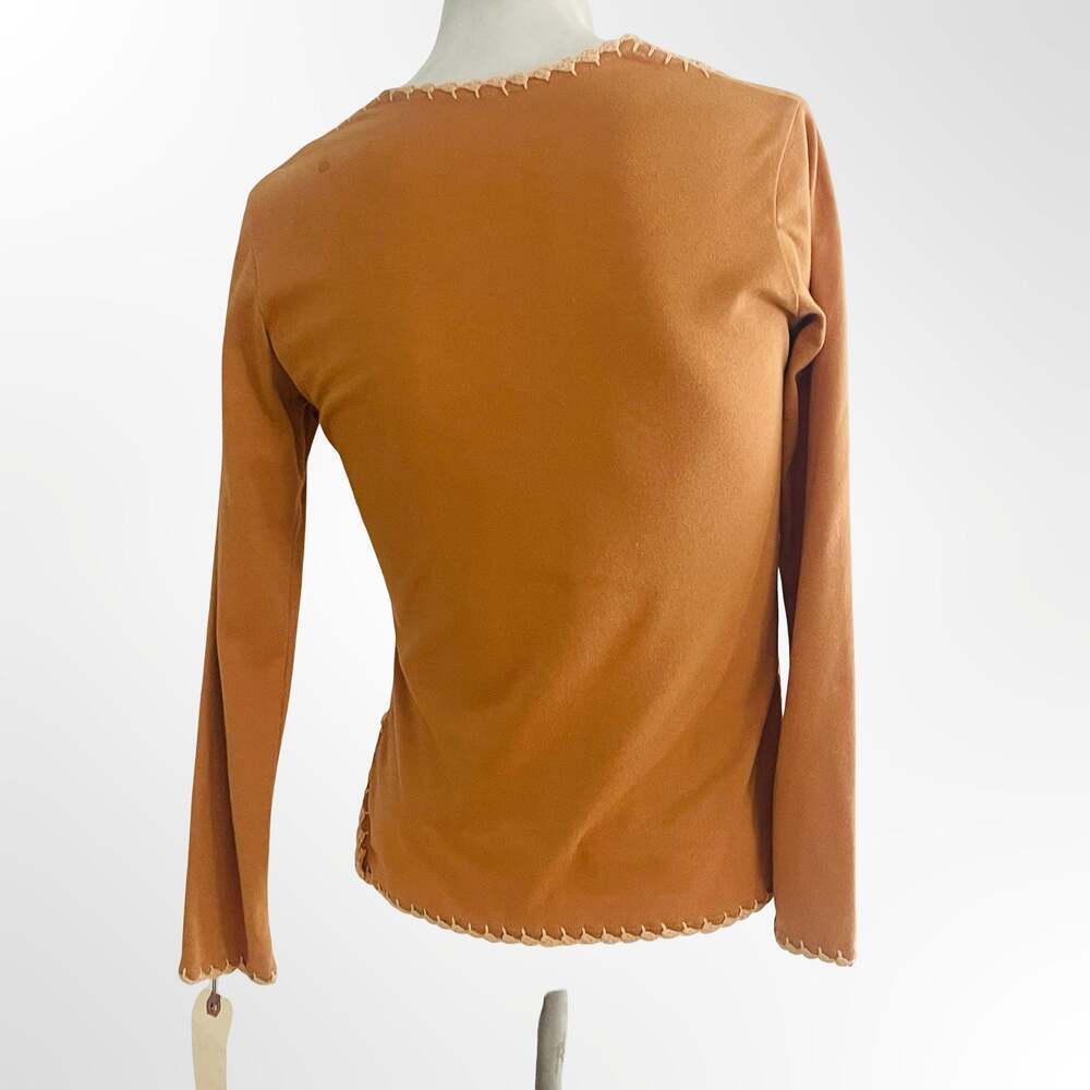 Vintage Long Sleeve Brown Knit Blouse with Crochet Lace Trim and Tassel Tie
