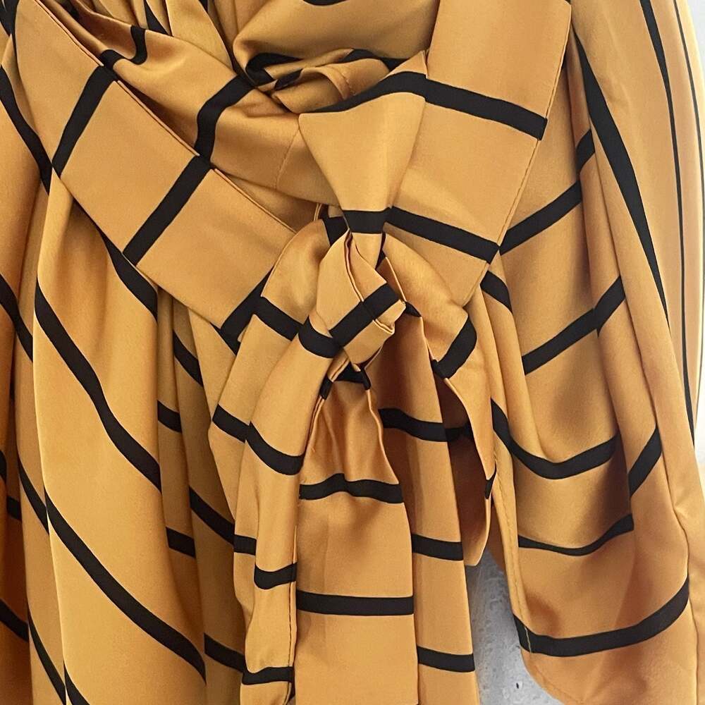 INC International Concepts Mustard Yellow and Black Striped Wrap Tie-Front Blous