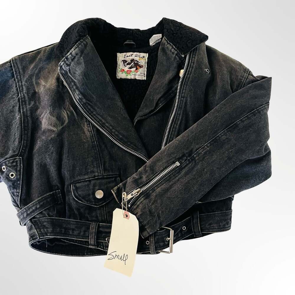East West By The Panda Group Vintage Acid Wash Denim Moto Jacket w Sherpa Collar