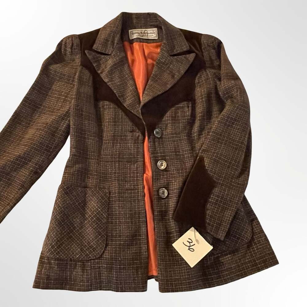 Vintage Young Edwardian Brown Plaid Wool Blazer Jacket with Velvet Contrast Yoke