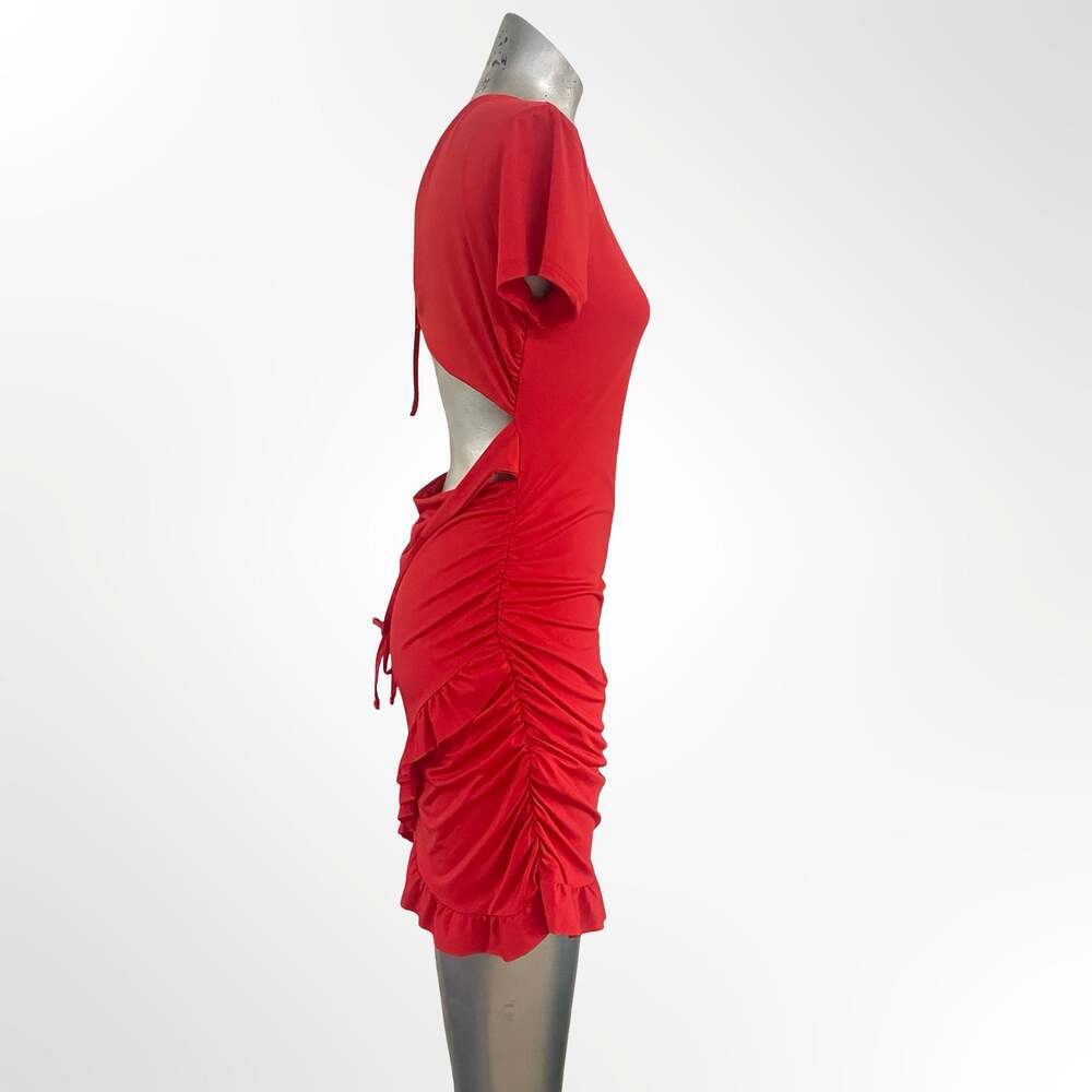 SHEIN Red Short Sleeve Ruched Bodycon Mini Dress with Cut-out and Ruffle Hem