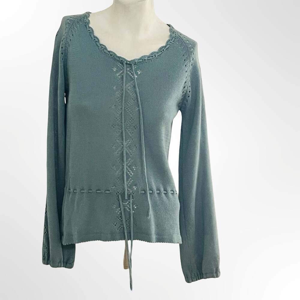 Vintage Beewear Boho Sage Green Pointelle Knit Tie-Front Peplum Top