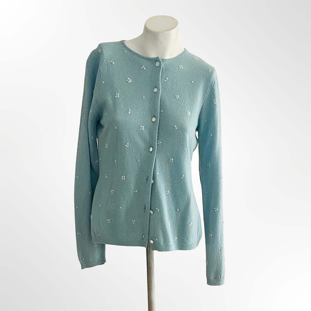 Beth Bowley Light Blue Beaded Floral Cardigan Sweater Size M