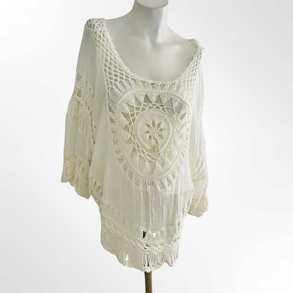 Boho Crochet Crinkle Tunic Top White Festival Beach Cover Up Size M