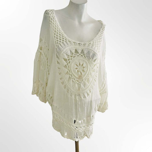 Boho Crochet Crinkle Tunic Top White Festival Beach Cover Up Size M
