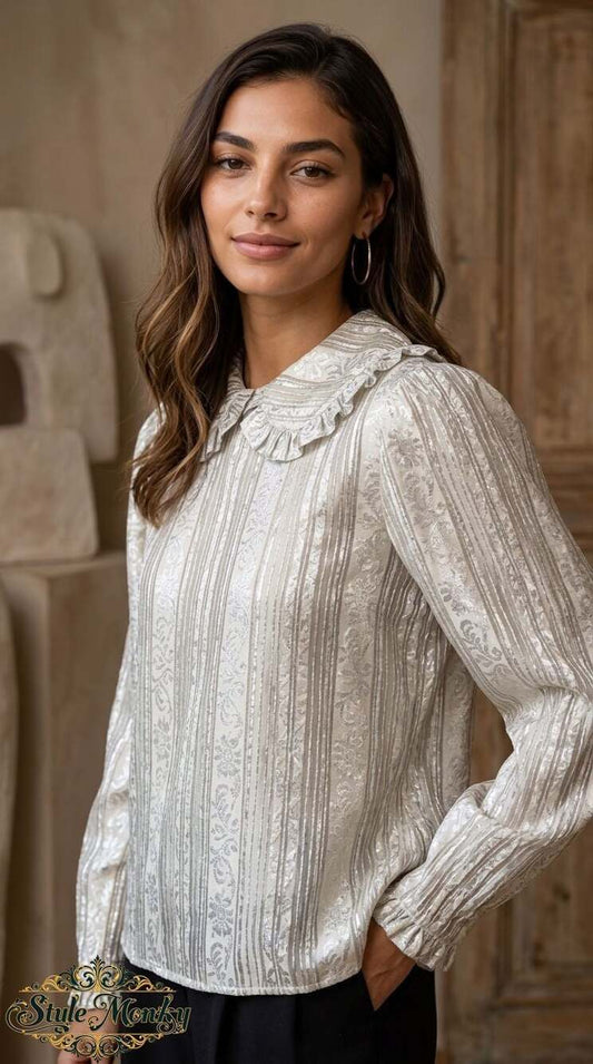 Vintage Metallic Silver Brocade Ruffle Collar Long Sleeve Blouse