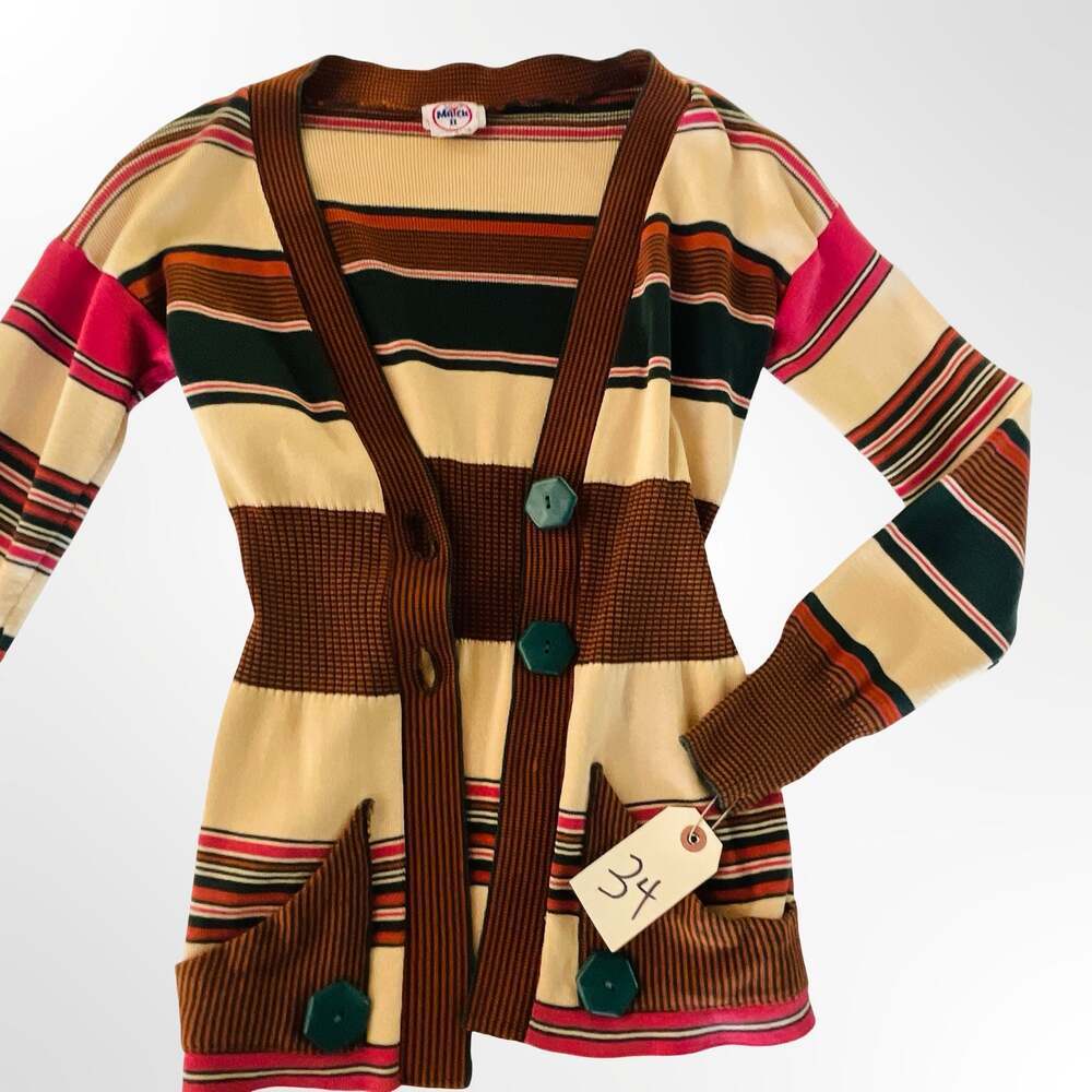 Vintage Match II 1970s Multi Stripe V-Neck Button Cardigan Sweater