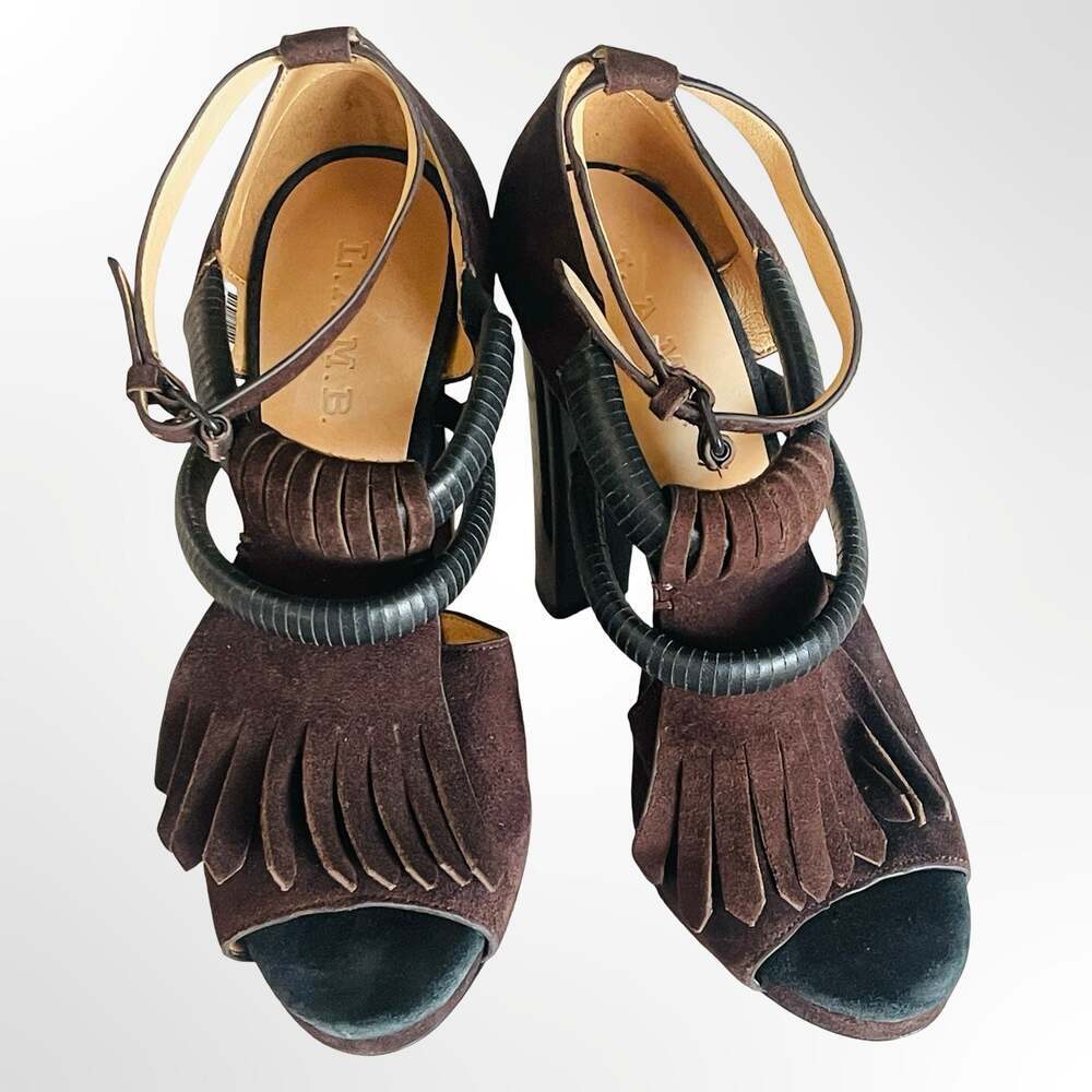 L.A.M.B. Hortensia Brown Suede Fringe High Heel Sandals Size 7.5M