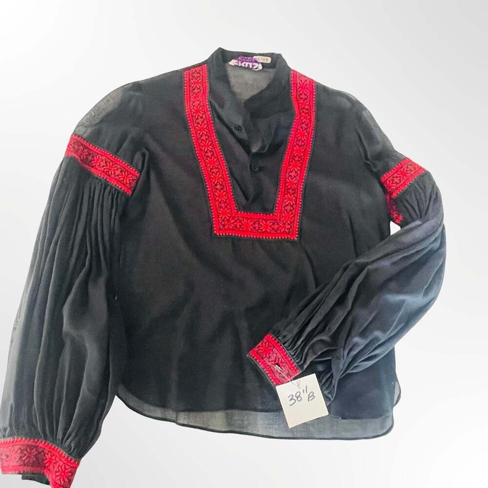 Vintage Eros California Black and Red Embroidered Peasant Blouse Long Sleeve