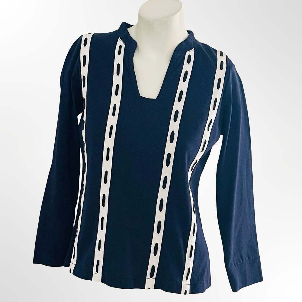 Vintage Navy Blue Long Sleeve Blouse with White Vertical Striped Details
