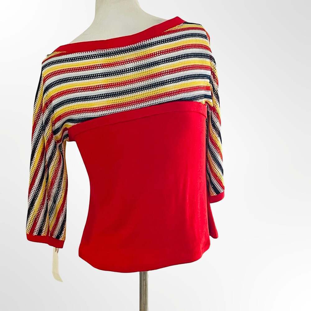 Vintage 1970s Naulover Red Mesh Stripe Pocket Mod Top XS