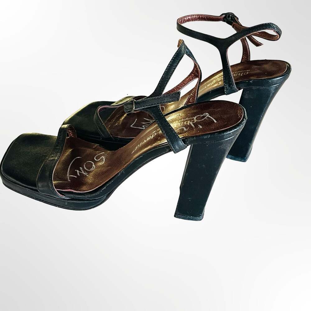 Charles David by Nathalie M Black Leather Square Toe Block Heel Sandals