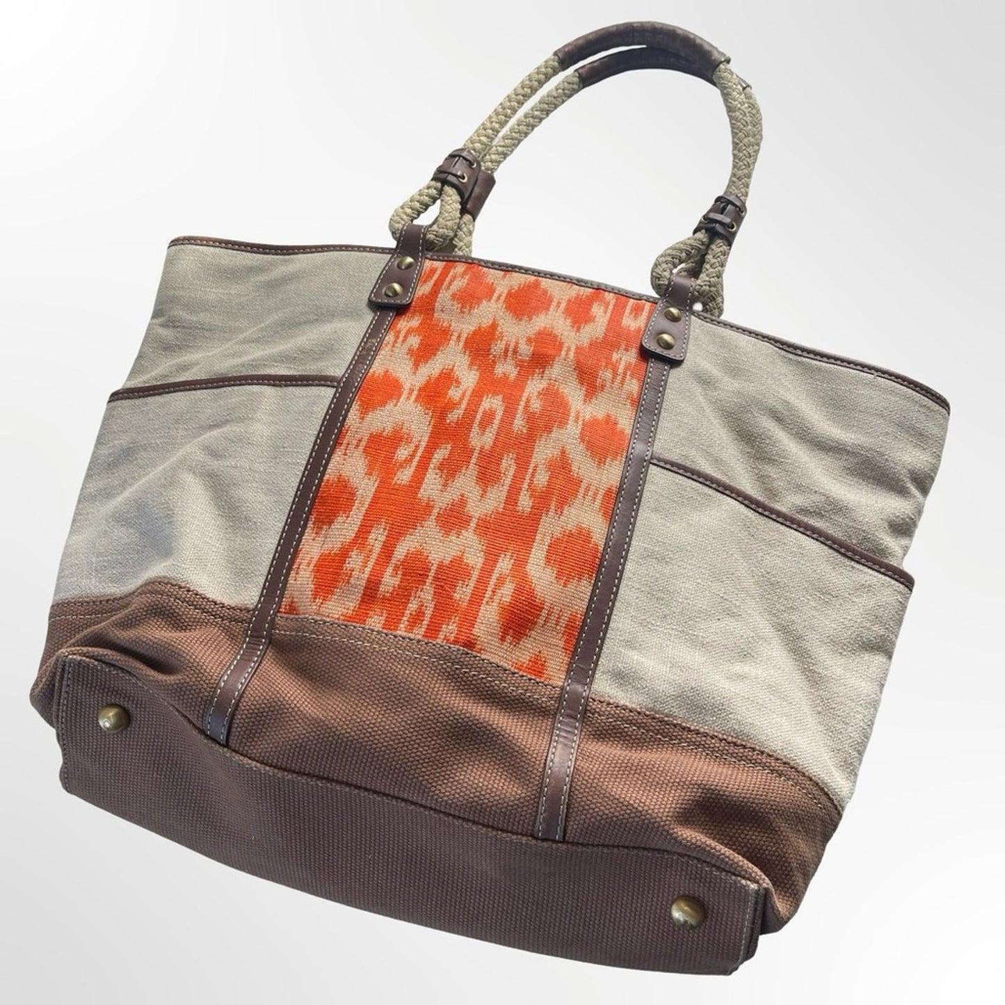 Rafe NY Canvas Tote Bag with Orange Ikat Panel & Brown Trim