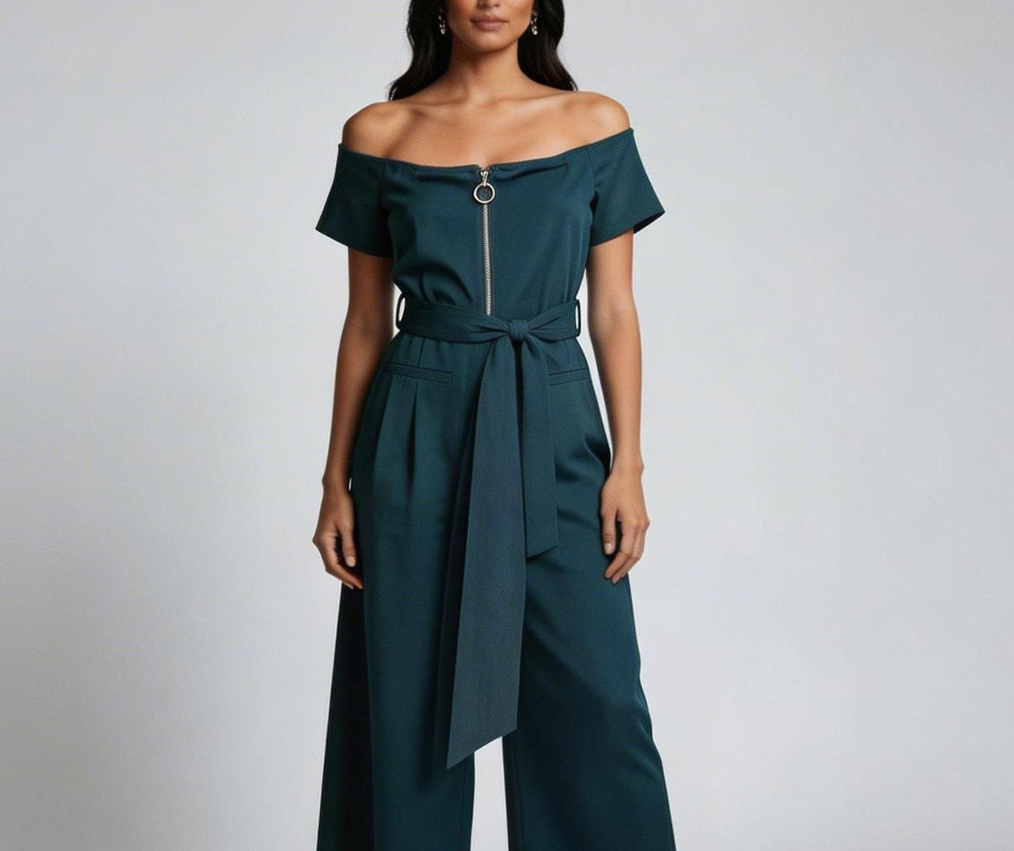 essue Short-Sleeve Wide-Leg Belted Jumpsuit with Front Zip