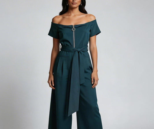 essue Short-Sleeve Wide-Leg Belted Jumpsuit with Front Zip