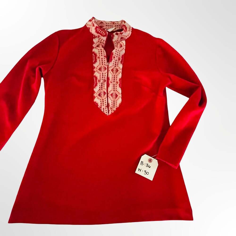 Cintura Vintage Red Long Sleeve Tunic Top with Embroidered Collar
