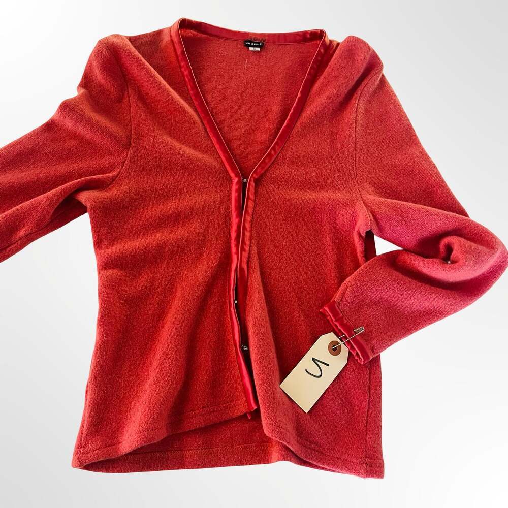 William B Red Wool Blend Satin Trim V-Neck Cardigan Sweater Small