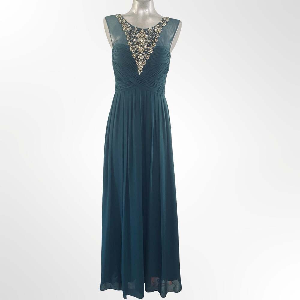Decode 1.8 Teal Ruched Chiffon Evening Gown with Embellished Illusion Neckline