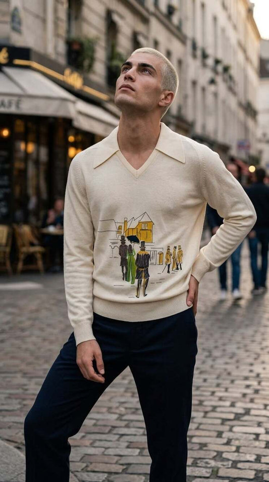 Vintage Raffini Linea Uomo Cream V-Neck Sweater w Art Deco Graphic