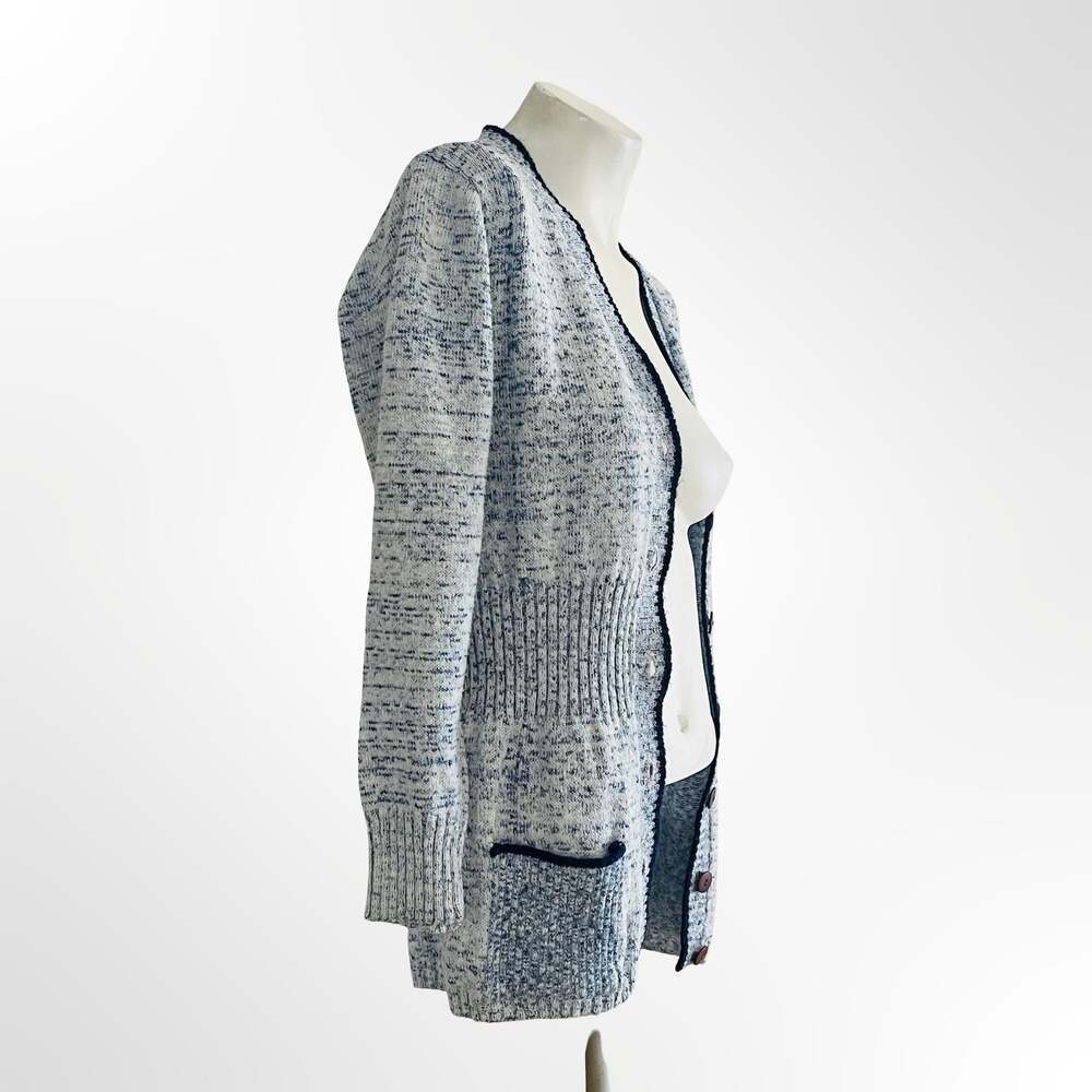 Women's Blue and White Marled Knit Button-Down Cardigan Sweater with Pockets
