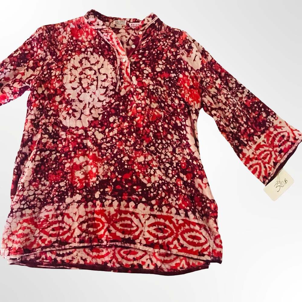 Vintage Hand Crafted Red Burgundy Batik Printed 100% Cotton Tunic Top Blouse