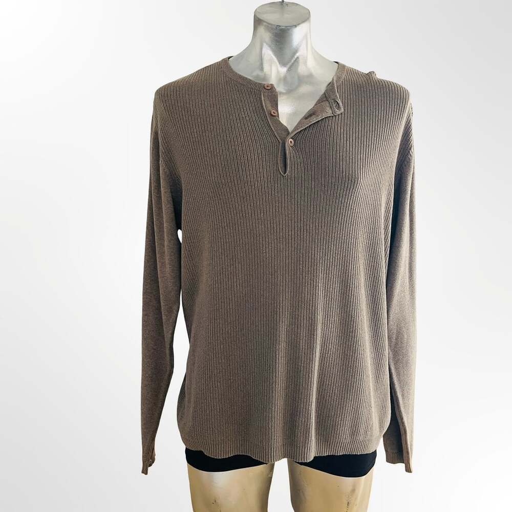 Perry Ellis Men's Brown Ribbed Knit Cotton Modal Long Sleeve Henley Sweater Size