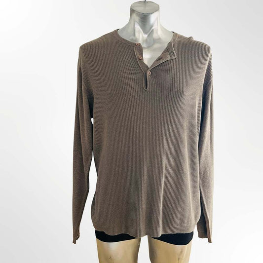 Perry Ellis Men's Brown Ribbed Knit Cotton Modal Long Sleeve Henley Sweater Size