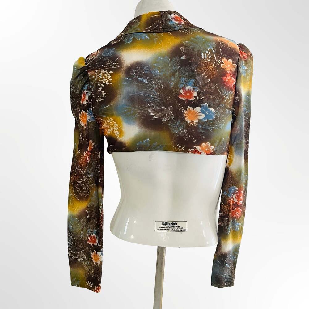 Vintage Floral Print Long Sleeve Tie-Front Crop Top