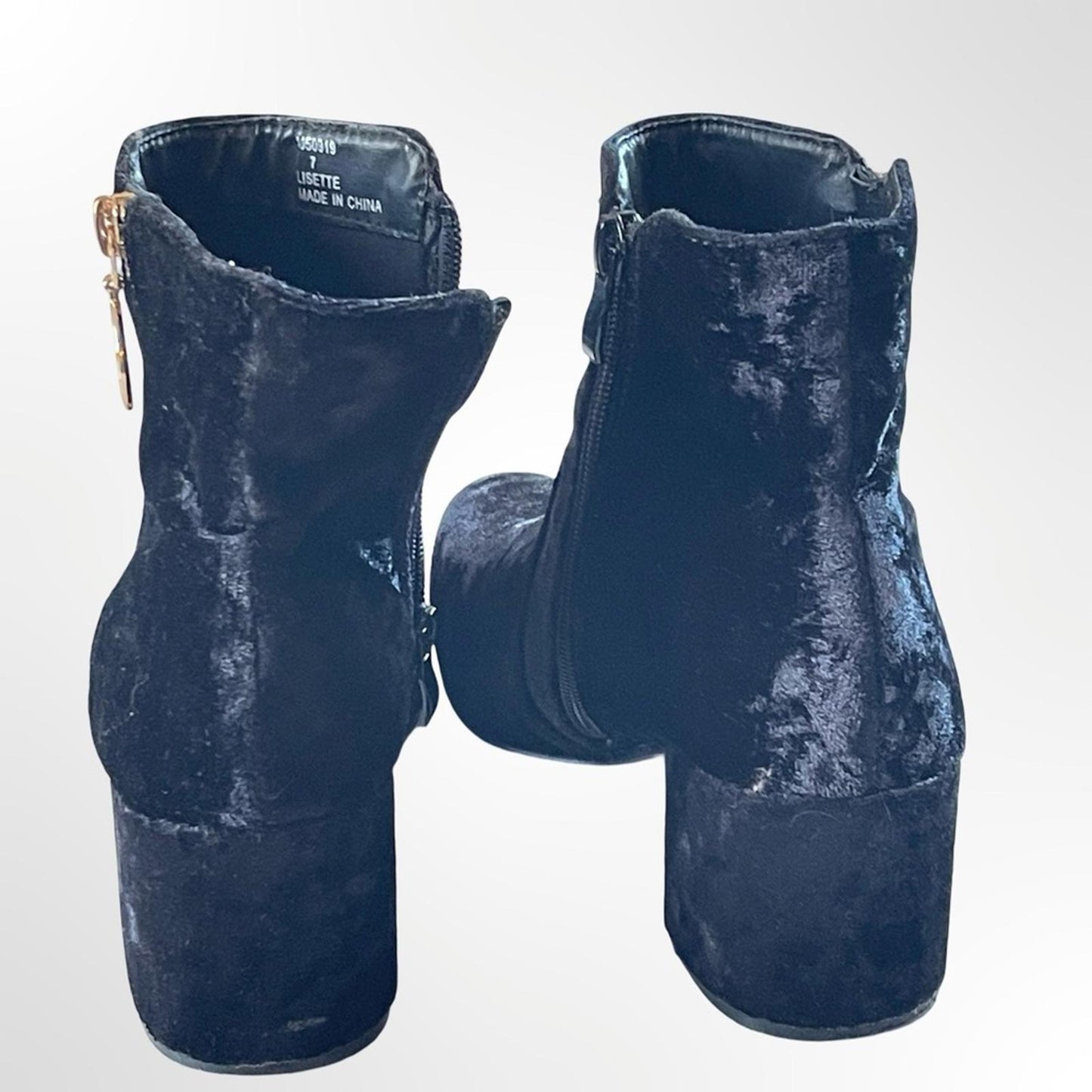 Charlotte Russe Black Velvet Ankle Booties w. Gold Ring Zip