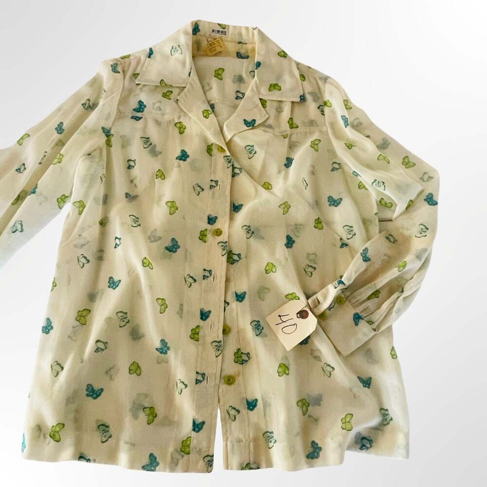 Vintage Butterfly Print Button-Up Linen Camp Shirt Blouse
