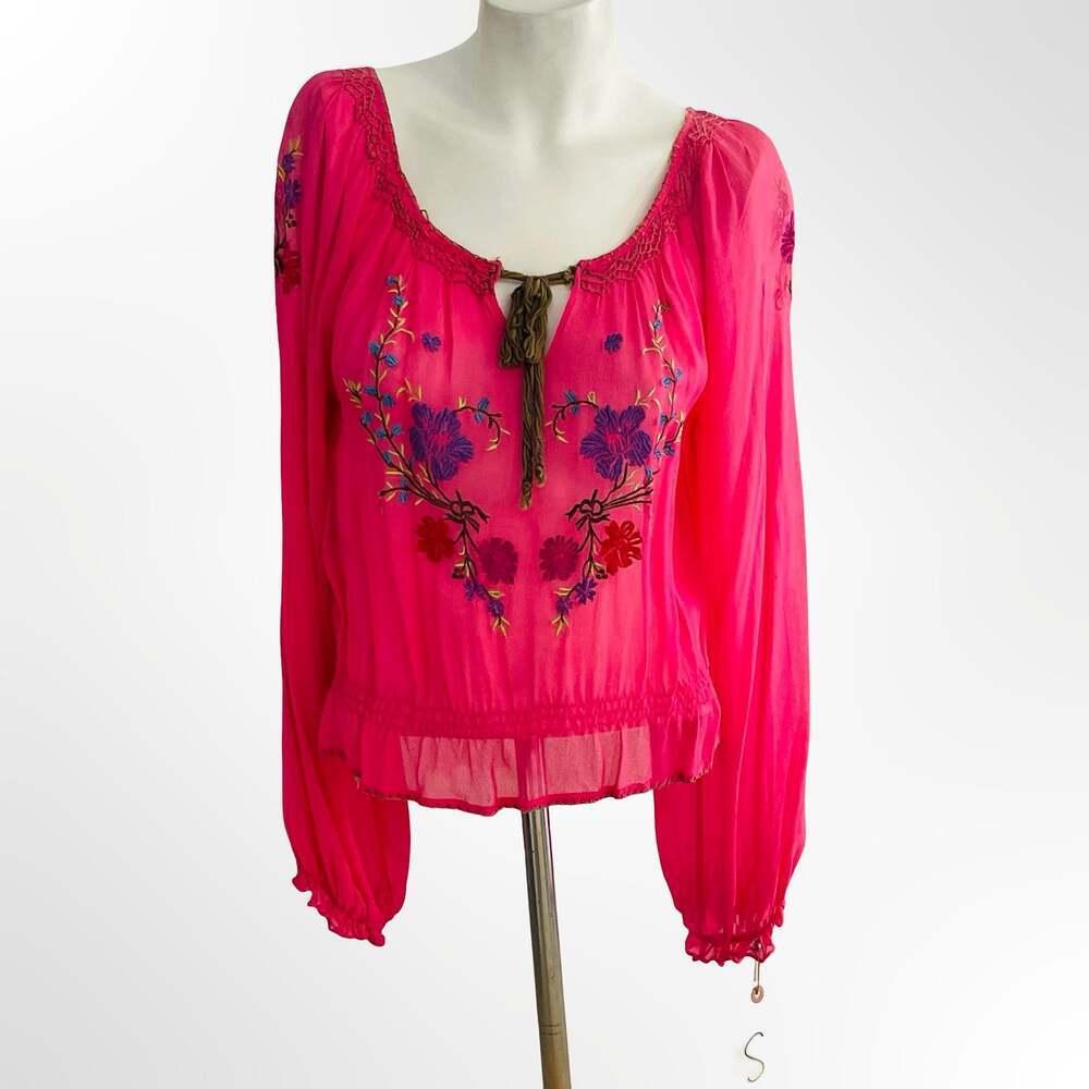 Johnny Was Pink Embroidered Floral Bohemian Tunic Top Size S