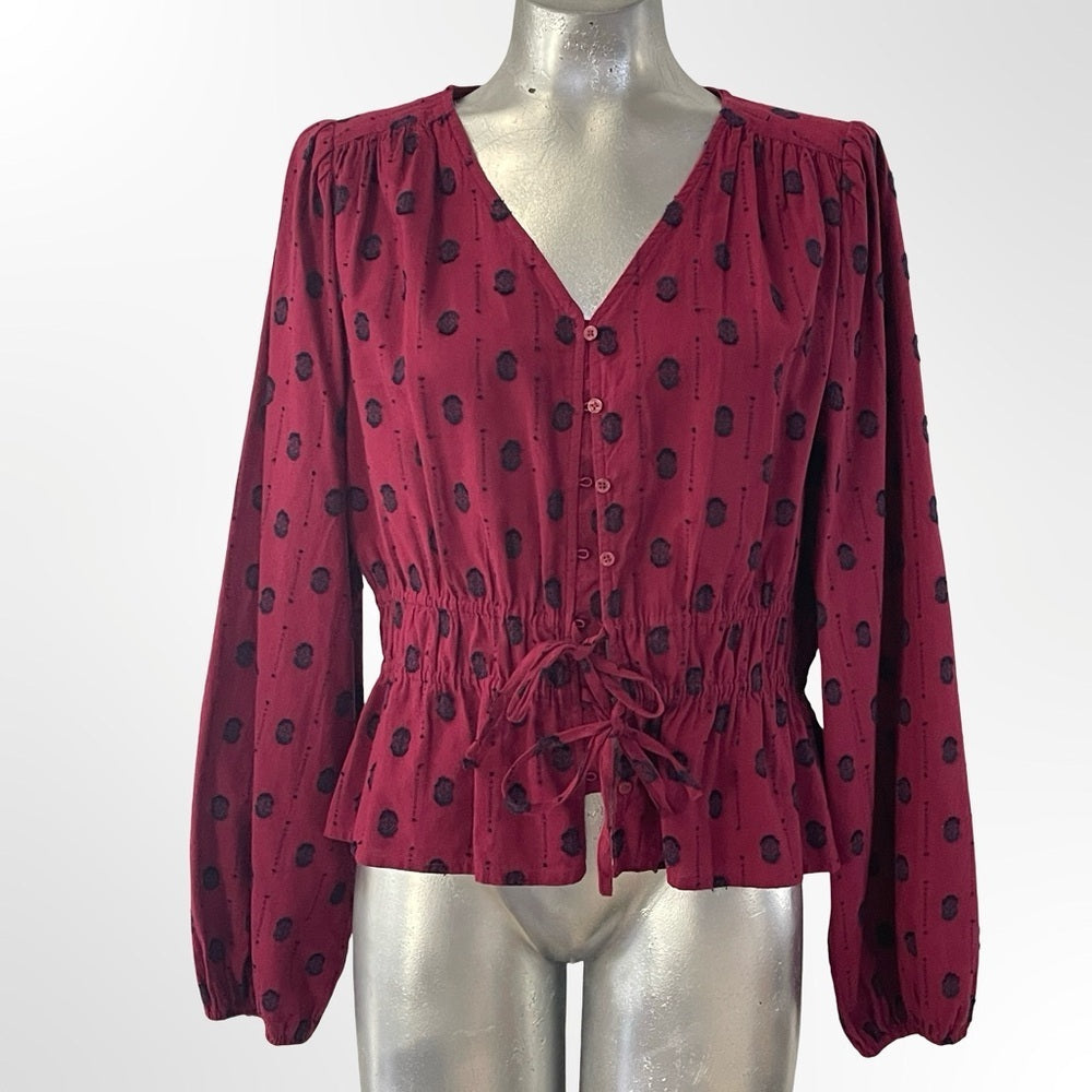 Treasure & Bond Burgundy V-Neck Polka Dot Peplum Blouse