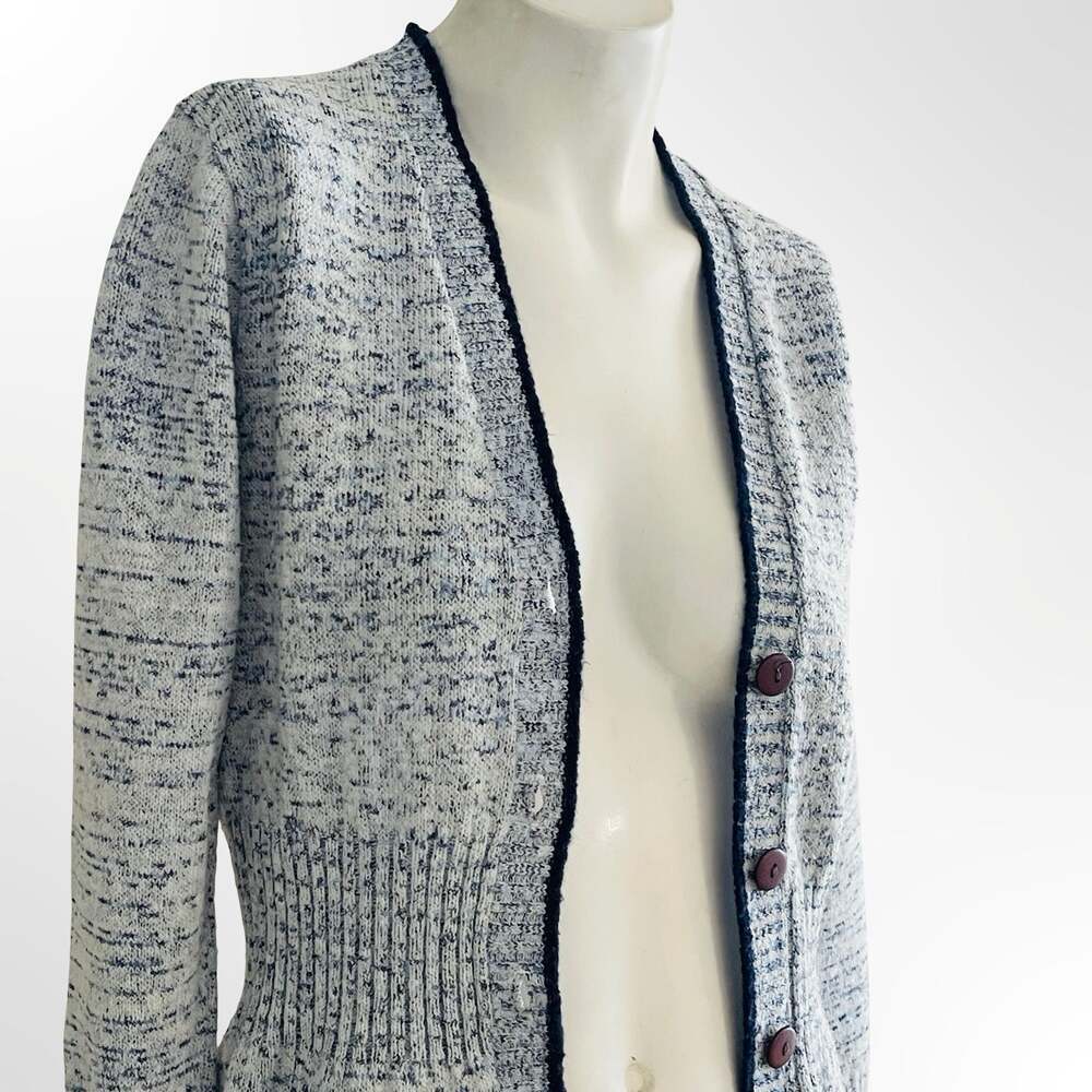 Women's Blue and White Marled Knit Button-Down Cardigan Sweater with Pockets