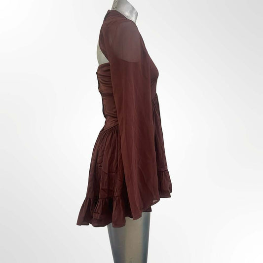 ASOS DESIGN Women's Brown Long Sleeve Mini Skater Dress with Frill Hem
