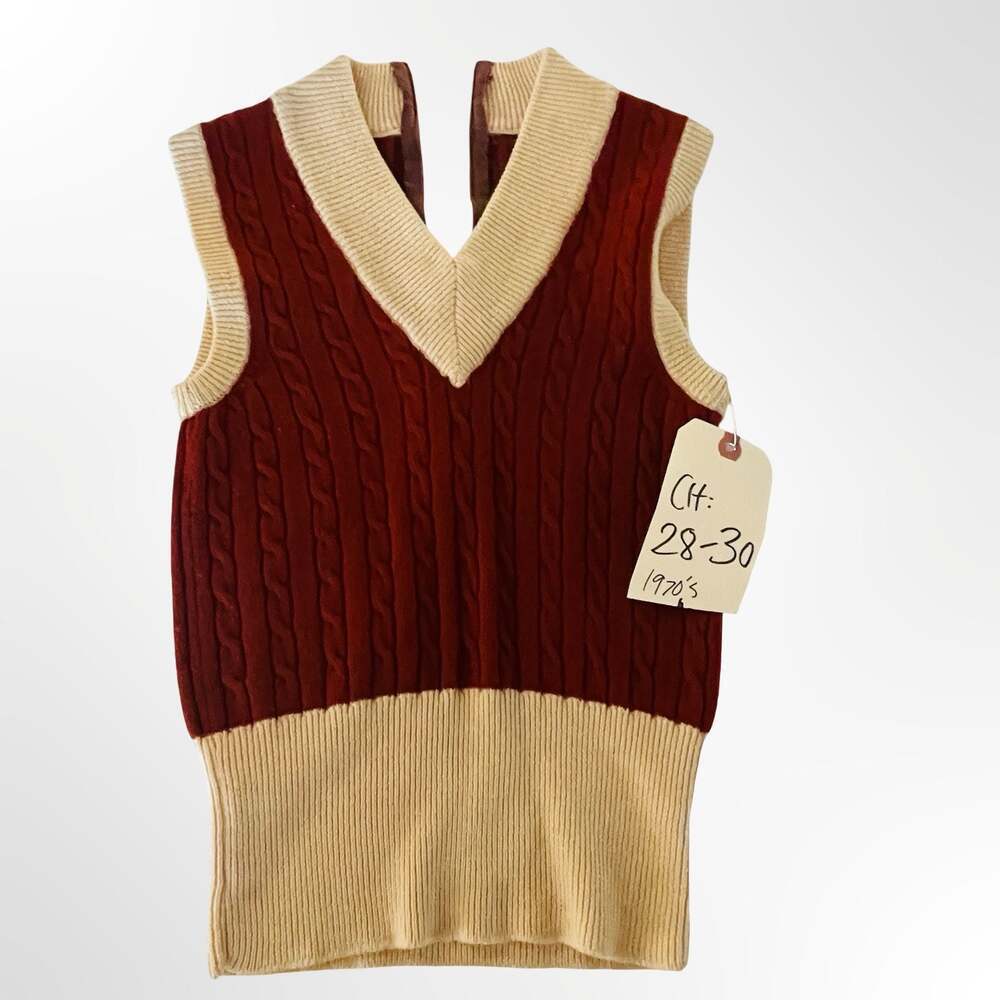 Vintage 1970s 100% Pure Wool Cable Knit V-Neck Sweater Vest Red Cream