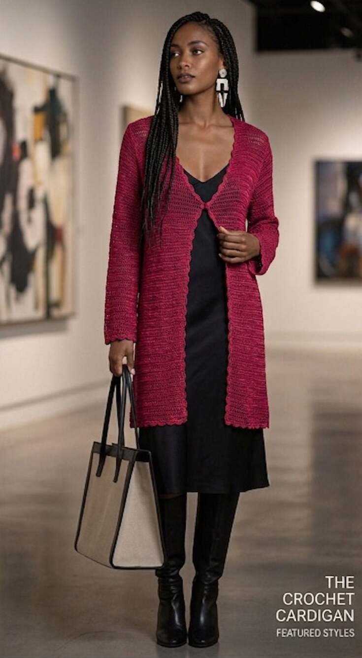 Tramo Switzerland Vintage Luxury Crocheted Open Front Scallop Trim Cardigan