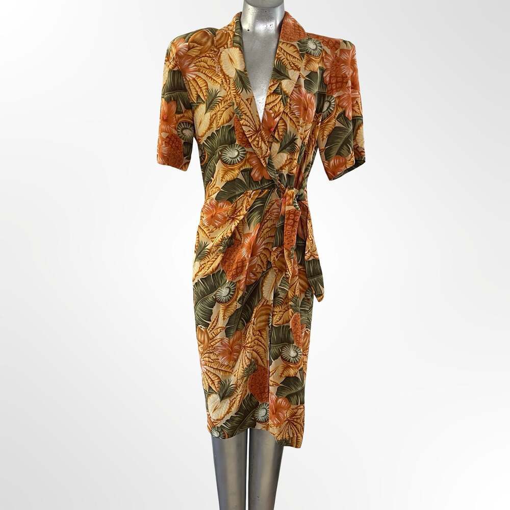 Gillian Vintage 100% Silk Tropical Floral Print Faux Wrap Dress