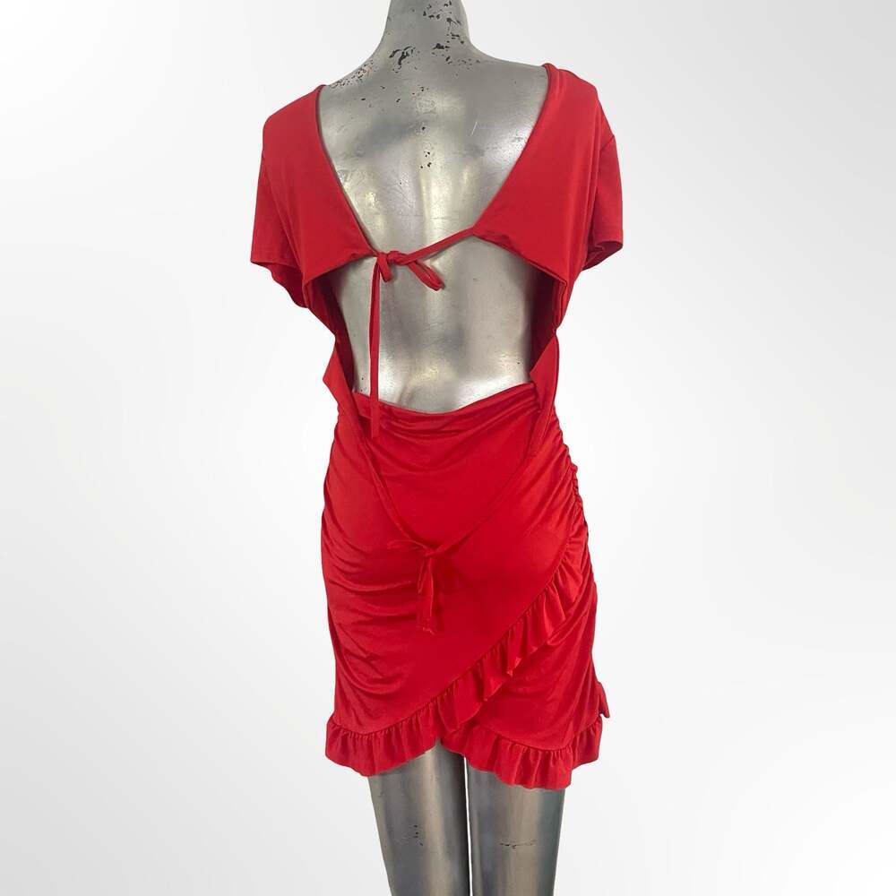 SHEIN Red Short Sleeve Ruched Bodycon Mini Dress with Cut-out and Ruffle Hem